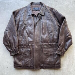 Vintage 90s Brown Leather Barn Jacket Large Button Front Today's Man Chore Coat